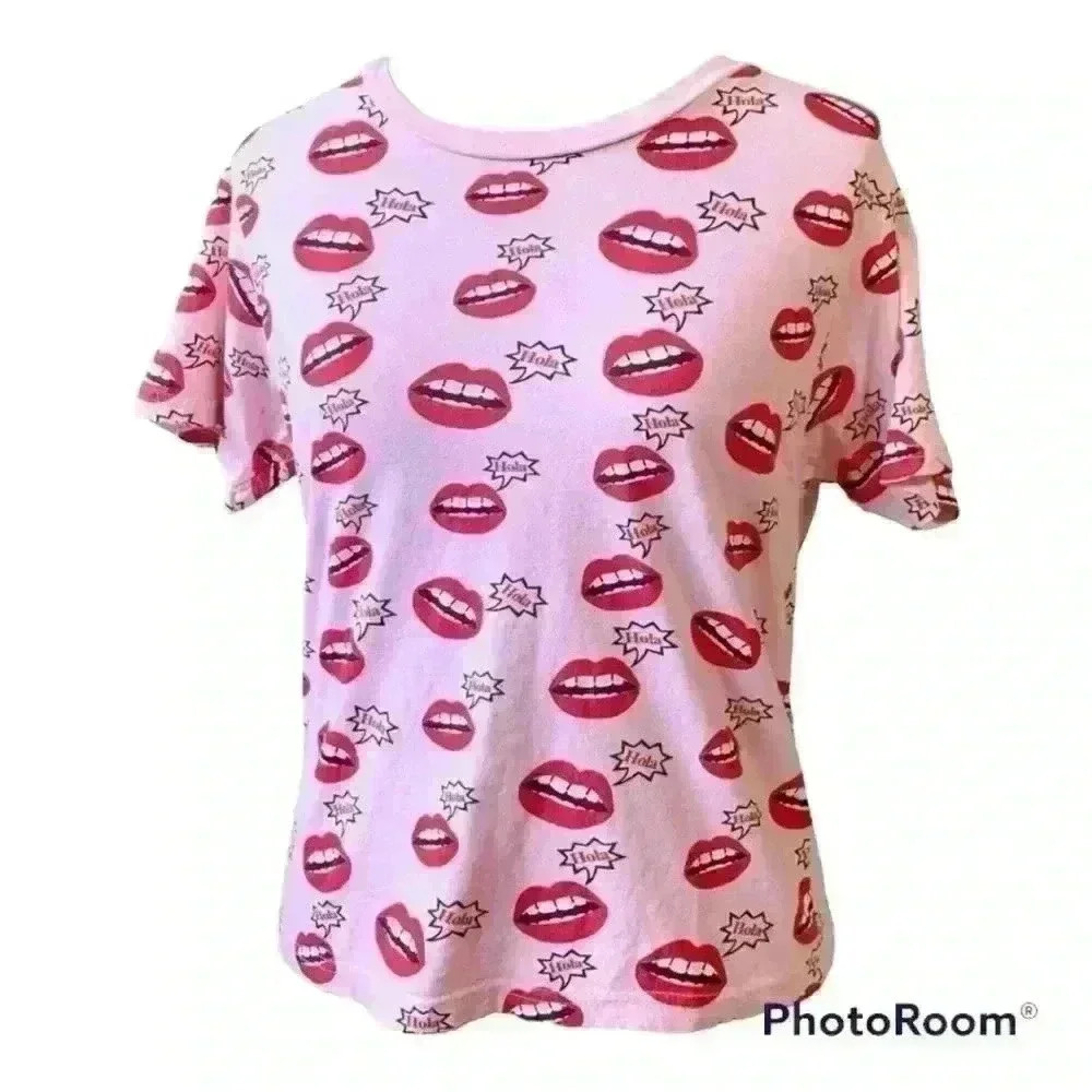 On Fire Pink Hola Mouth Lips Shirt All Over Print 100% Cotton Juniors Large